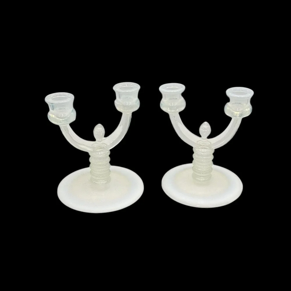 Pair Fenton French Opalescent Pineapple Double Candelabras Ribbed Stunning VTG